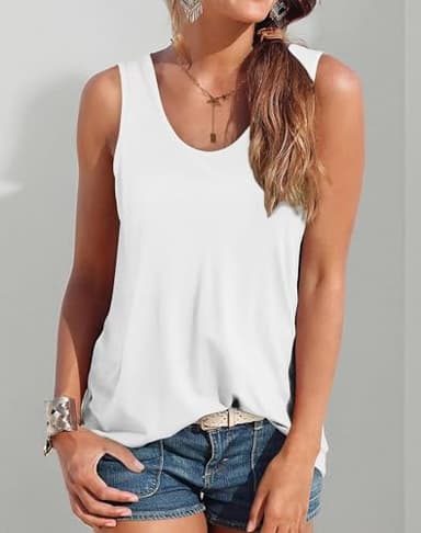 Smile Fish Women Scoop Neck Flowy Loose Fit Tank Top Sleeveless Summer Tops Shirts Cotton White,L - Image 5