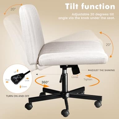 LEMBERI Criss Corss Chair with Wheels, Armless Wide Cross Legged Office Desk Chairs, Fabric Rocking Swivel Computer Task Vanity Makeup Chair for Home Office - Image 8