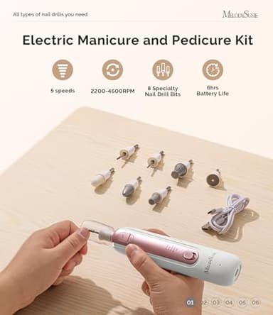 MelodySusie Professional Manicure Pedicure Kit,8-in-1 Electric Nail Drill Set with 5 Speeds,Rechargeable Cordless E-File with 360° LED Light,Perfect Hand Foot Care Trimmer Polish Tools - PC760G - Image 2