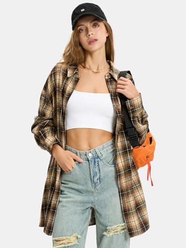 EXLURA Womens Plaid Flannel Shacket Long Sleeve Button Down Shirts Long Jackets Oversized Spring Fashion Outfits 2025 Clothes Khaki Black - Image 4