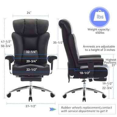 Efomao Ergonomic Office Chair 450LBS with Foot Rest, High Back PU Leather Executive Office Chair with Adjustable Armrests, Lumbar Support for Home or Work, Computer Chair, Black - Image 3