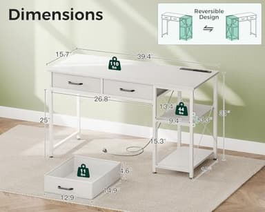 Coleshome Small Computer Desk with Drawers, 40 Inch Reversible Home Office Desk with Power Outlet, Study Laptop Vanity Table with Storage Shelves for Bedroom Small Space, White - Image 3