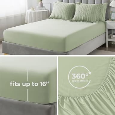 HYLEORY Queen Size Seersucker Comforter Set - 5 Pieces Reversible Comforters Bedding Sets, All Season Bed in a Bag with Comforter, Sheets, Pillowcases & Shams Sage Green - Image 7