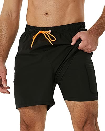 SILKWORLD Mens Swim Trunks with Compression Liner Quick-Dry Bathing Suit Swimming Shorts with Zipper Pockets,Black,Medium - Image 1
