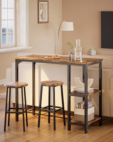 Qsun 3-Piece Bar Table Set for 2, Table with Stools & 2 Storage Shelves, Small Bar Table Set with Glass Rack, Small Kitchen Table for Dining Room, Living Room, Rustic Brown - Image 2