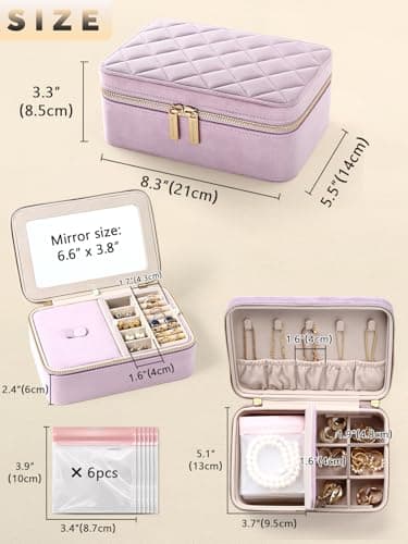 Lumayina Velvet Travel Jewelry Box with Large Mirror, Double-Layer Jewelry Organizer Case for Women and Girls, Portable Storage Case with 6 Anti-Tarnish Bags Gift Ready for Her (Lavender) - Image 2