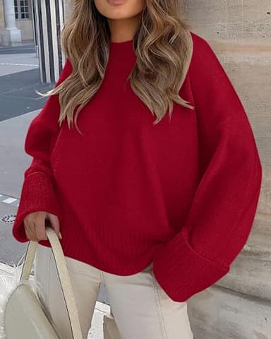 PRETTYGARDEN Women's Fall Oversized Sweaters Casual Crewneck Pullover Long Sleeve Fuzzy Chunky Knit Tops Blouse (Red,Medium) - Image 3