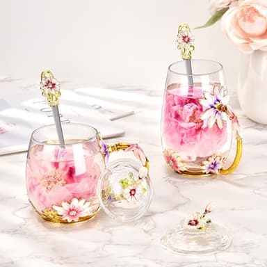 Wisolt Birthday Gifts for Women Mothers Day Gifts for Mom Enamel Glass Tea Cup Gifts for Her Mom Grandma Teacher Friend Anniversary Christmas Valentines Day Glass Coffee Mug with Spoon - Image 5