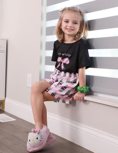 Arshiner Girls Pajamas Set Short Sleeve Pjs Sleepwear 3PCS Summer Lounge Sets Nightwear Bow Plaid 5-6Years - Image 3