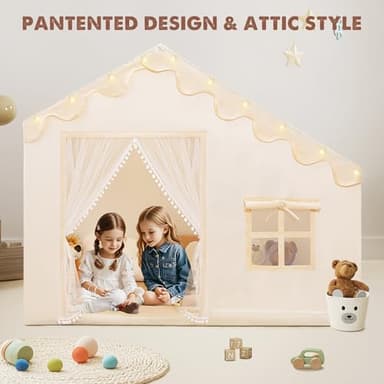 PIIKAGO Kids Play Tent with Mat - Kids Tent Indoor with Star Lights and Flags, Toddler Tent for Kids Ages 3-8, Toddler Playhouse for Girls Boys, 57" x 35" x 47" (Beige) - Image 3