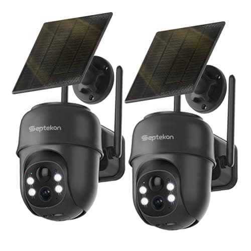 Septekon 2K Solar Security Cameras Wireless Outdoor 2 Pack, 360°PTZ Battery Powered Outdoor Camera, 2.4G WiFi Camera with Spotlight Color Night Vision, Motion Sensor Alarm, IP66, Black - Image 1