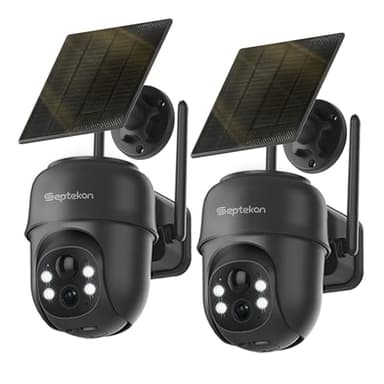 Septekon 2K Solar Security Cameras Wireless Outdoor 2 Pack, 360°PTZ Battery Powered Outdoor Camera, 2.4G WiFi Camera with Spotlight Color Night Vision, Motion Sensor Alarm, IP66, Black - Image 1