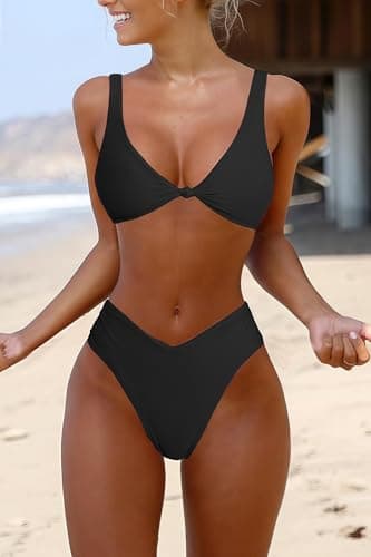 geluboao Two Piece High Waisted Bikini Swimsuits for Women Cheeky Brazilian Cut Thong Sexy V Neck Push Up Bikini Set Black L - Image 7