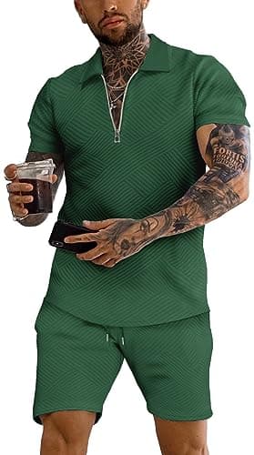URRU Men's Polo Shirt and Shorts Set Summer Outfits Fashion Casual Short Sleeve Polo Suit for Men 2 Piece Short Set Dark Green XXL - Image 1