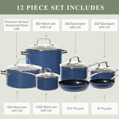 Nuwave Healthy Duralon Blue Ceramic Nonstick Cookware Set, Diamond Infused Scratch-Resistant, PFAS Free, Dishwasher & Oven Safe, Induction Ready & Evenly Heats, Tempered Glass Lids & Stay-Cool Handles - Image 7