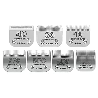 Size 40/30/10/7FC/5FC/4FC/3FC Detachable Pet Dog Grooming Clipper Ceramic Blades Set,Compatible with Andis,Oster A5,Wahl KM10 Series Clippers,Cut Length 1/100"(0.25mm) to 1/2"(13mm),7 Pack - Image 1