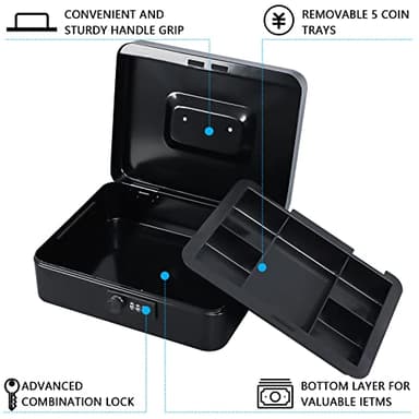 KYODOLED Large Cash Box with Combination Lock Safe Metal Money Box with Money Tray for Security Lock Box 9.84"x 7.87"x 3.54" Black - Image 3