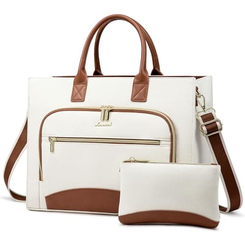 LOVEVOOK Laptop Bag for Women 15.6 inch Canvas Laptop Tote Bag， Large Professional Teacher Purse Lightweight Computer Bag Briefcase Business Office, White Brown - Image 1