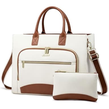 LOVEVOOK Laptop Bag for Women 15.6 inch Canvas Laptop Tote Bag， Large Professional Teacher Purse Lightweight Computer Bag Briefcase Business Office, White Brown - Image 1