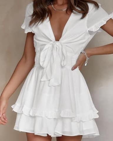 PRETTYGARDEN Women Summer Short Dress 2025 Casual V Neck Short Sleeve Tiered Bow Mini Sun Dresses Beach Vacation Sundress(White,Small) - Image 5
