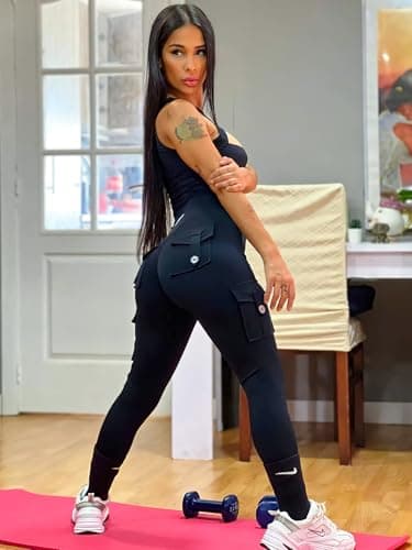 YEOREO Workout Cargo Leggings with Pockets for Women Hidden Scrunch Butt Lifting Hedda Leggings Compression Gym Yoga Pants Black L - Image 2