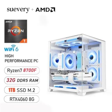 suevery Pre Built Gaming PC AMD Ryzen7 8700F(8Core 16Threads Up to 5.0G) 32G DDR5 Nvme 1TB SSD RTX 4060 8G WiFi 6 Desktop Computers White - Image 2