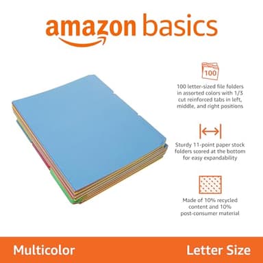 Amazon Basics File Folders with Tabs for Filing, AMZ401, Sturdy, Letter Size, Assorted Colors (100 Pack) - Image 2