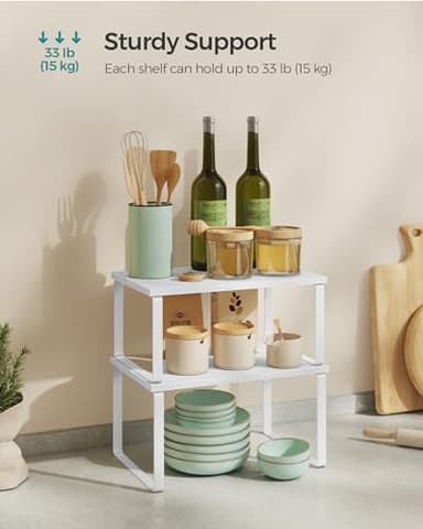 SONGMICS Cabinet Organizer Shelf, Set of 4 Kitchen Counter Shelves, Kitchen Storage, Spice Rack, Stackable, Expandable, Metal and Engineered Wood, Cloud White and Snow White UKCS027W01 - Image 5