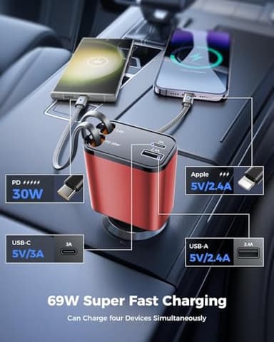 [2024 Upgraded] 4 in 1 Retractable Car Charger, SUPERONE Smaller Fast Car Phone Charger 69W with Cord, USB C and iPhone Car Charger Adapter, Compatible iPhone 17/17 Pro Max/16/15/14/13/12/11, Sumsung - Image 5