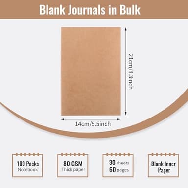 EOOUT 100pcs A5 Blank Kraft Notebooks, Journals in Bulk, Sketchbooks Bulk for Kids, 60 Pages, 80GSM, 8.3 X 5.5 Inch, Travel Journal Set, Travelers, Students and Office - Image 2