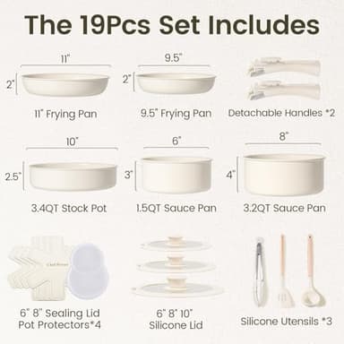 Chef Power Ceramic Cookware Set Non Toxic with Detachable Handles, Healthy Nonstick Pans and Pots Set 19 Pcs, Induction Dishwasher Oven Safe Kitchen Set, PFAS PFOA & PTFE Free, Cream White - Image 2