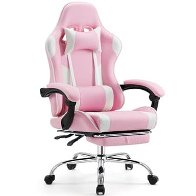 Sweetcrispy Video Game Desk Chair - Ergonomic Computer with Footrest and Comfy Lumbar Support, PU Leather Recliner with Headrest, Fixed Up Armrest, Height Adjustable with 360° Swivel, for Adults, Pink - Image 1