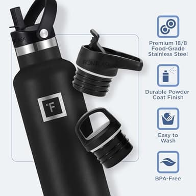 IRON °FLASK Camping & Hiking Hydration Canteens - 3 Lids (Narrow Straw Lid) Leak Proof Vacuum Insulated Stainless Steel - Hot & Cold Double Walled Sports Water Bottle - Black Marquina, 24 Oz - Image 5