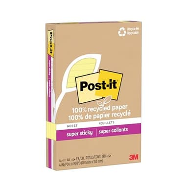 Post-it 100% Recycled Paper Super Sticky Notes, 2X The Sticking Power, 4x6 in, Lined, 4 Pads/Pack, 45 Sheets/Pad, Canary Yellow (4621R-4SSCY) - Image 10