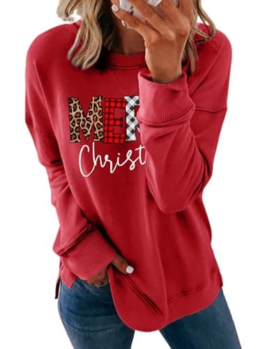 Dokotoo Women's Casual Long Sleeve Christmas Sweatshirt Crewneck Tops Ladies Split Loose Fit Christmas Letter Graphic Pullover Tunic Shirts Sweatshirts for Teen Girls 2025 Fashion Fall M Red