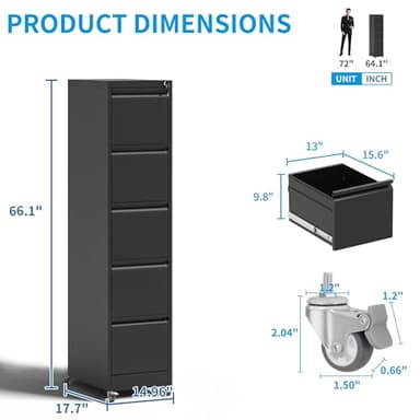 EKJ 5 Drawer Rolling File Cabinet with Lock, Metal Filing Cabinets on Wheels, Vertical Steel Office Drawers Storage for Hanging Legal/Letter Folders, Require Assembly (Black) - Image 3