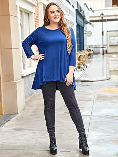 LARACE Womens Plus Size 3/4 Sleeve Loose Fit Flare Swing Tunic Tops Floral High Low Basic T Shirt, Royal Blue 3X - Image 3