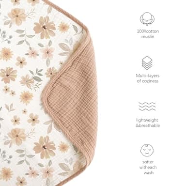 Konssy Muslin Baby Blankets for Girls Boys, 100% Cotton Crib Blanket for Infant Toddler, Super Soft and Lightweight Nursery Swaddling Wrap 40"x36" (Flourish) - Image 4