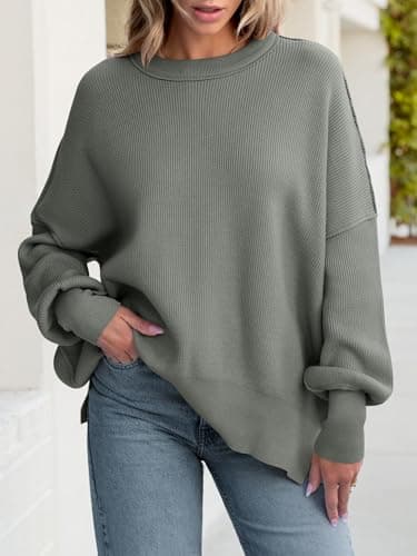 ANRABESS Women Oversized Sweaters Batwing Long Sleeve 2025 Fall Outfits Crewneck Casual Knit Side Slit Fashion Pullover Top Khaki Green Medium - Image 2