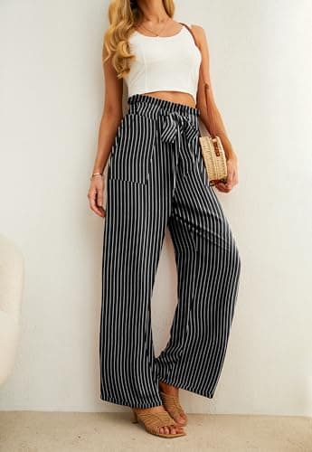 IWOLLENCE Women's Wide Leg Pants with Pockets High Waist Adjustable Knot Loose Casual Trousers Business Work Casual Pants Black Stripe L - Image 3
