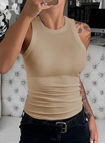 Dokotoo Womens Ladies Basic Ribbed Thick Strap Low Cut Solid Color Tight Slimming Fitted Sleeveless Shirts Sports Workout Long Tank Tops Activewear Tops Blue L - Image 8