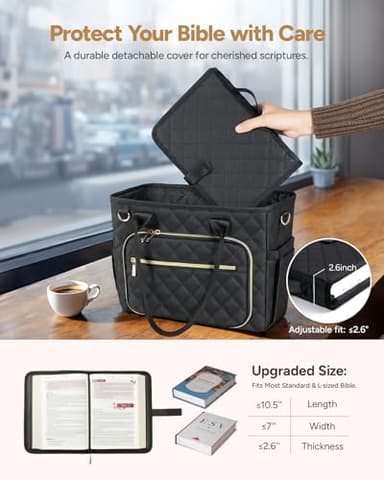 BellaHold Large Bible Bag with Bible Cover Case for Women, Church Bag with Shoulder Strap, Quilted Bible Cover for Bible Study Supplies, a Christian Gift for Women, Black - Image 4