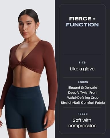 Aoxjox Long Sleeve Crop Tops for Women Sienna Twist Deep V Workout Cropped T Shirt Top (Rum Raisin, Small) - Image 2