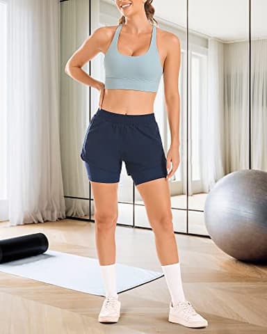 Stelle Women 2 in 1 Running Shorts High Waisted Athletic Shorts Gym Workout Shorts with Liner Zipper Pockets (Navy, L) - Image 7