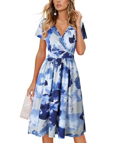 OUGES Women's 2024 Summer Short Sleeve V-Neck Floral Short Party Dress with Pockets Casual Spring Dresses for Women 2024 (Floral16,XL) - Image 1