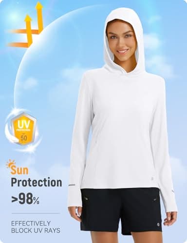 baleaf Women's Sun Shirts UPF 50+ Hoodie Long Sleeve Spf UV Shirt Lightweight Quick Dry Hiking Zip Pocket White XS - Image 2
