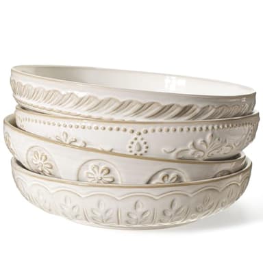 Artena Pasta Bowls, 50oz Large Salad Serving Bowls, 9.75'' Plates Bowls Set of 4, Big White Ceramic Soup Bowls for Kitchen, Embossment Shallow Dinner Bowl, Microwave Dishwasher Safe, Multiple Patterns - Image 1