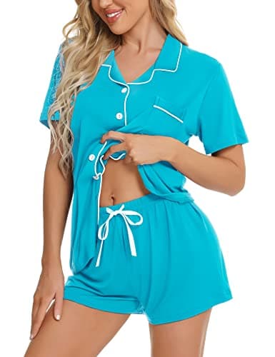 SWOMOG Womens Button Down Pajamas Set Short Sleeve Sleepwear Bride Soft Pj Lounge Sets XS-3XL Peacock Blue Small - Image 1