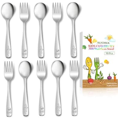 AUOIKK 10-Piece Toddler Flatware, Kids Utensils Stainless Steel Cutlery Set, Children Safe Spoons and Forks with Ergonomic Handle, Easy to use and Dishwasher Safe (Crocodile and Bear) - Image 1