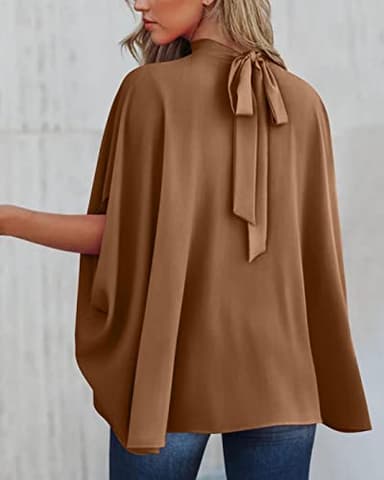 BTFBM Womens Summer Tops 2025 Fall Mock Neck Batwing Sleeve Shirts Loose High Low Hem Oversized Dressy Casual Blouses(Brown, X-Small) - Image 4